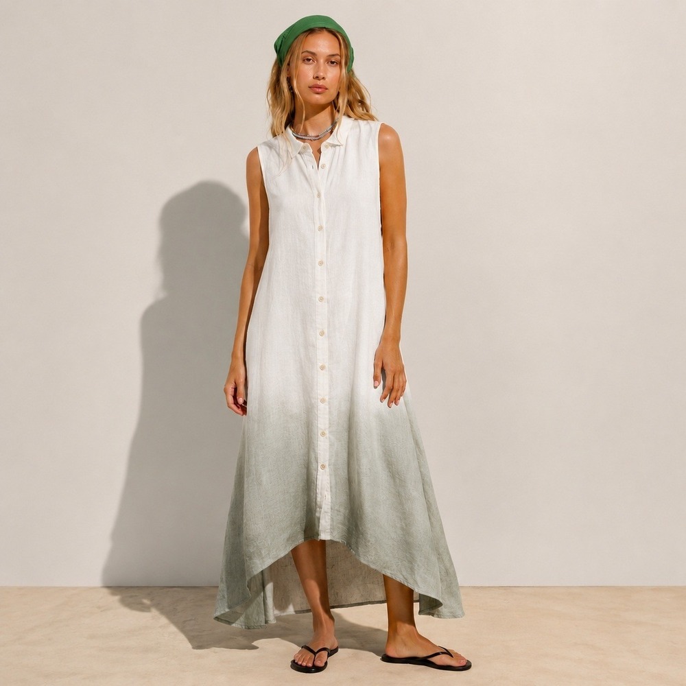 Linen Maxi Shirt Dress Womens Size L Italian Lagenlook Coastal Boho Minimalist